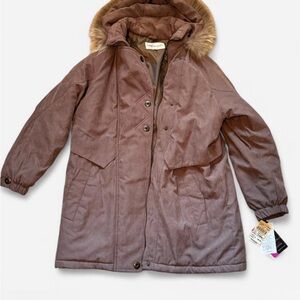 Brown Hooded Coat with Faux Fur Trim